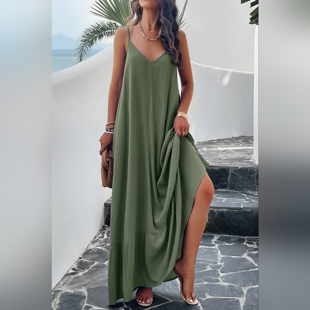 Oversized Pocket Casual Sleeveless V-Neck Low Back Long Summer Maxi Dress - Picture 7 of 12